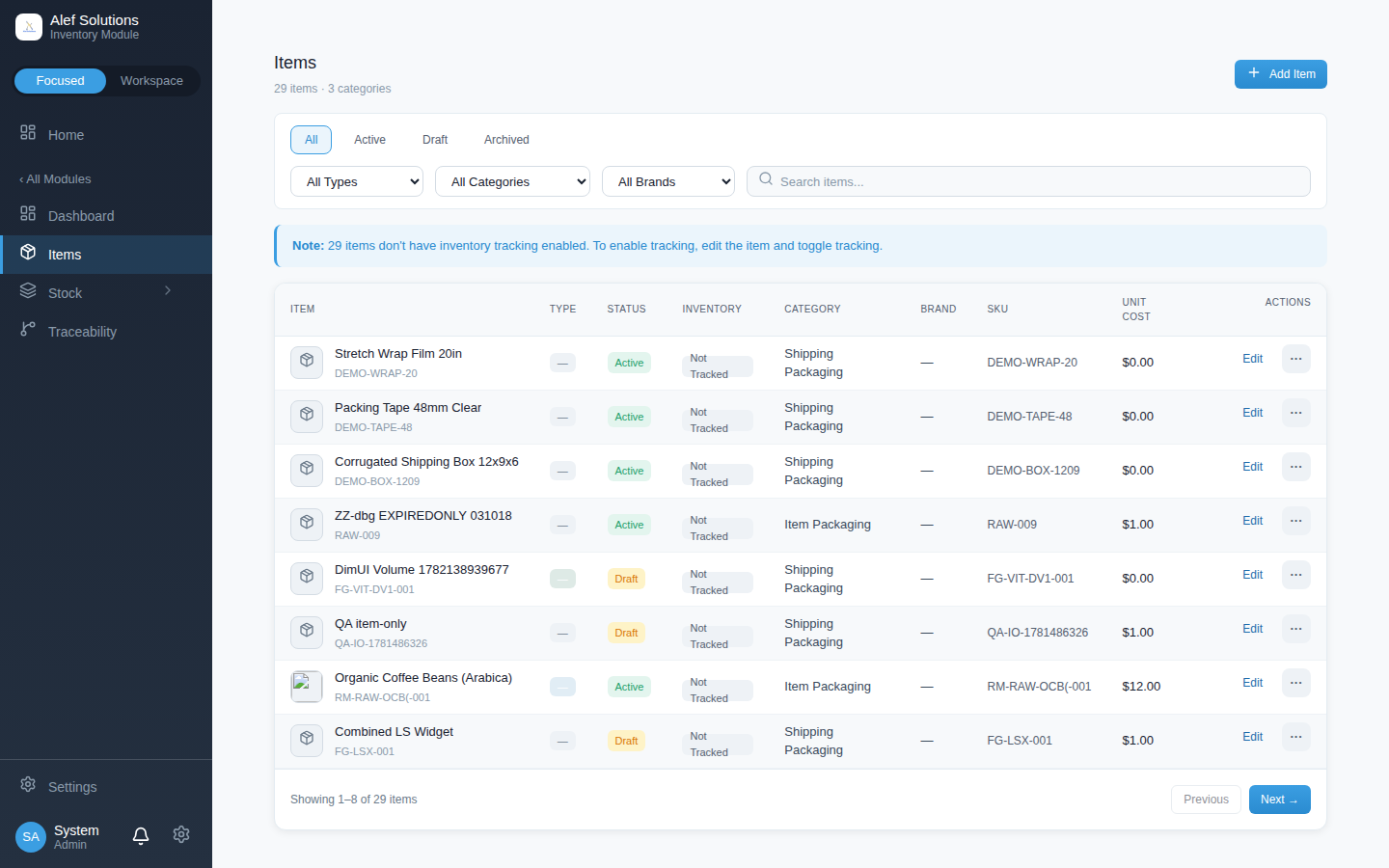 Live inventory overview with low-stock and value at a glance