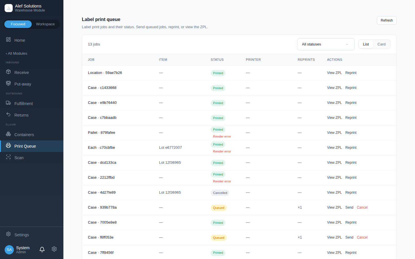 Label jobs queue — batch-print barcodes on demand