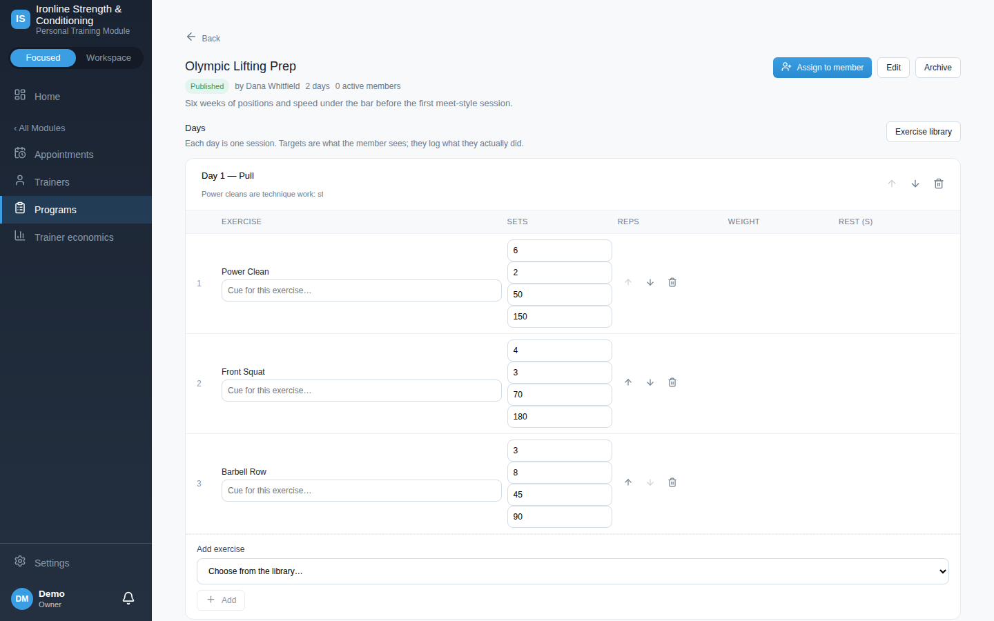 A program builder: ordered days, prescribed sets, reps and rest