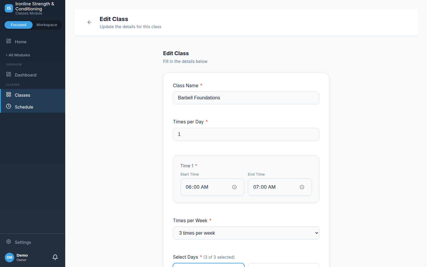 Recurring class setup with instructor and room